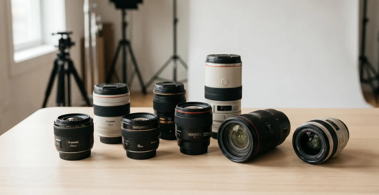 Collection d'objectifs photographiques professionnels (focales fixes 35mm, 50mm, 85mm et zoom 24-70mm) disposés sur table claire dans studio photo