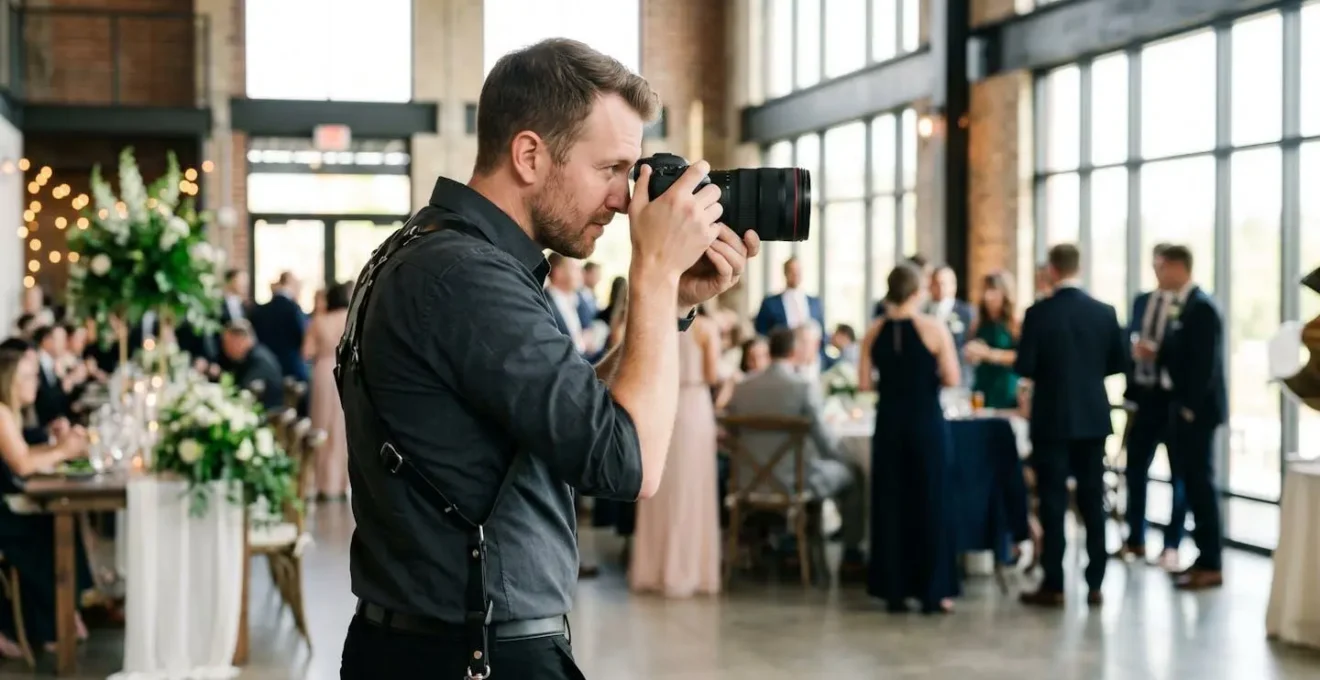 Photographe professionnel en action lors d'un mariage, utilisant un zoom 24-70mm pour couvrir différentes scènes sans changer d'objectif