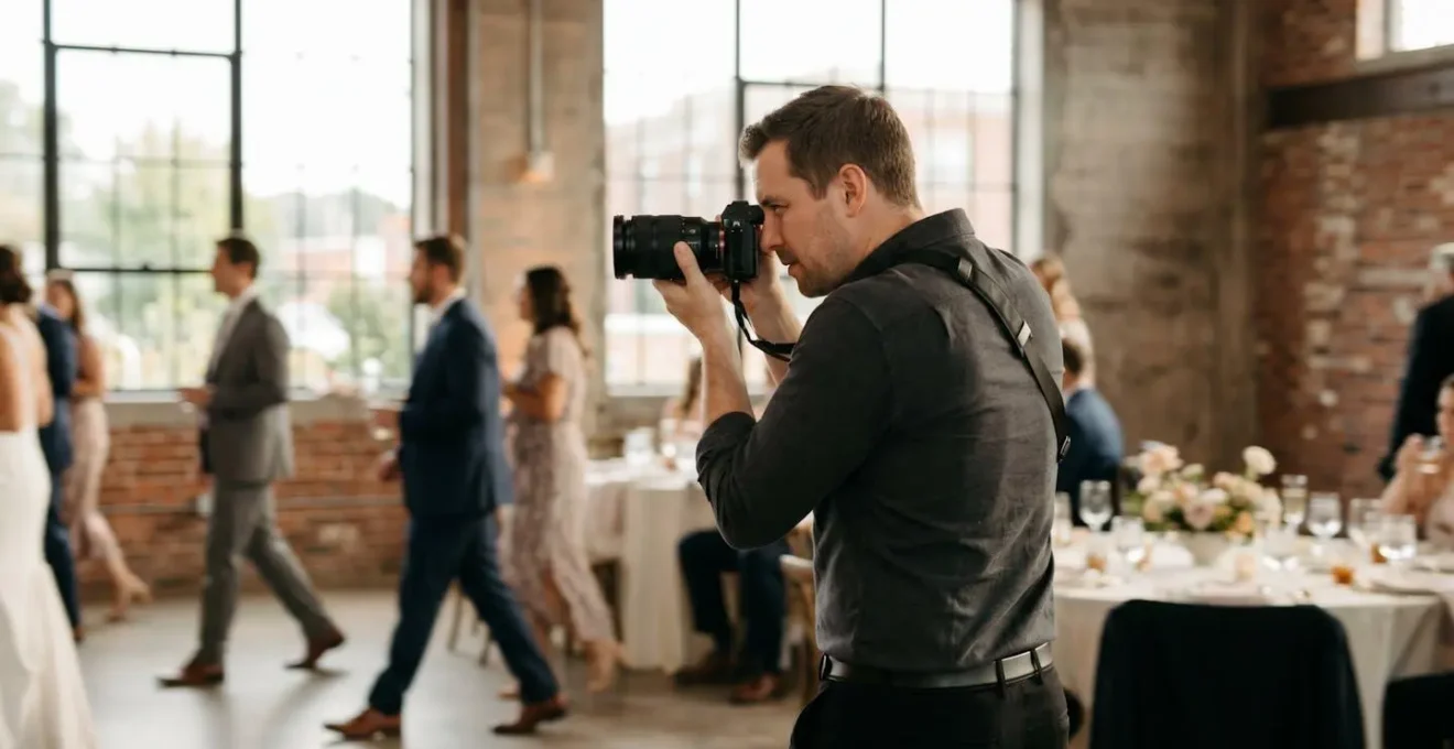 Photographe professionnel en action lors d'un mariage, utilisant un zoom 24-70mm pour couvrir différentes scènes sans changer d'objectif