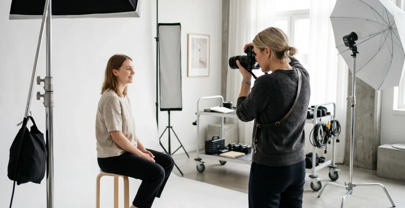 Photographe en studio professionnel utilisant un objectif fixe 85mm pour réaliser un portrait avec éclairage maîtrisé