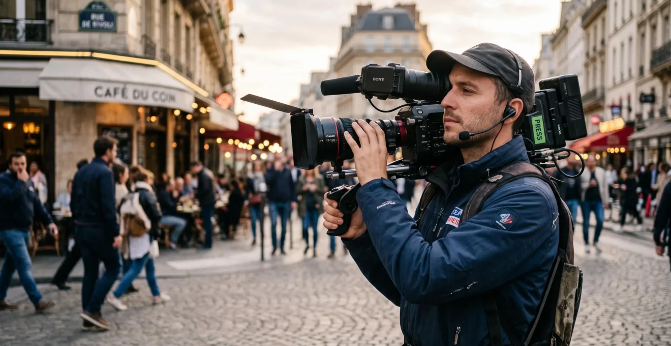 Un cadreur filme avec un caméscope épaulé lors d'un tournage extérieur urbain.