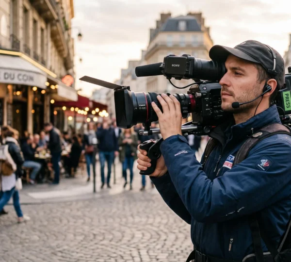Un cadreur filme avec un caméscope épaulé lors d'un tournage extérieur urbain.