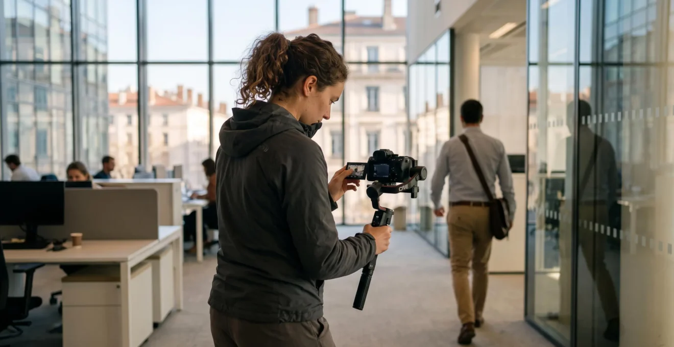 Un vidéaste suit son sujet avec un boîtier hybride plein format monté sur stabilisateur.